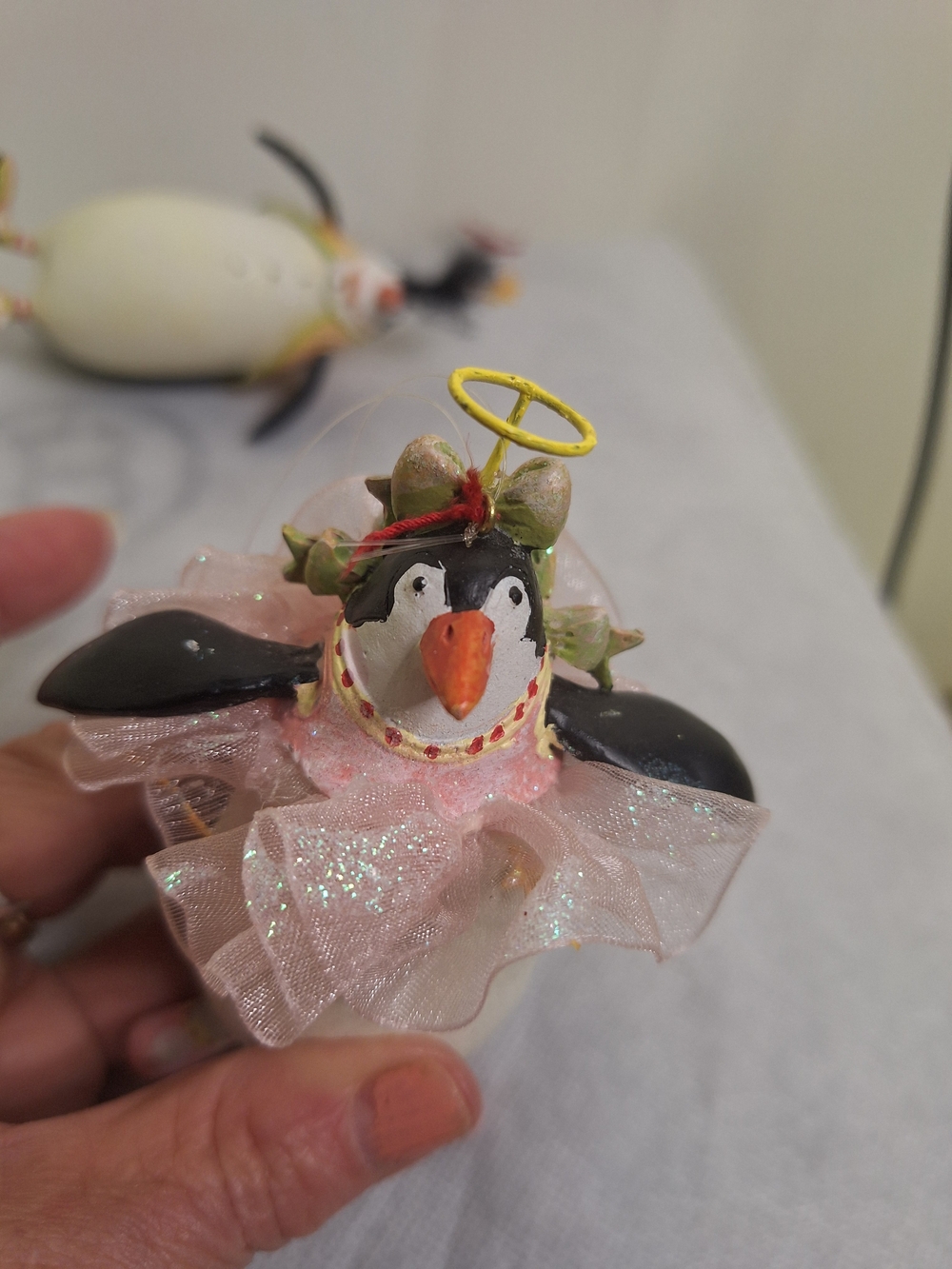Holiday Penguin Ornament Pair in White and Black - One Angel . Approx 4" - Picture 3 of 6